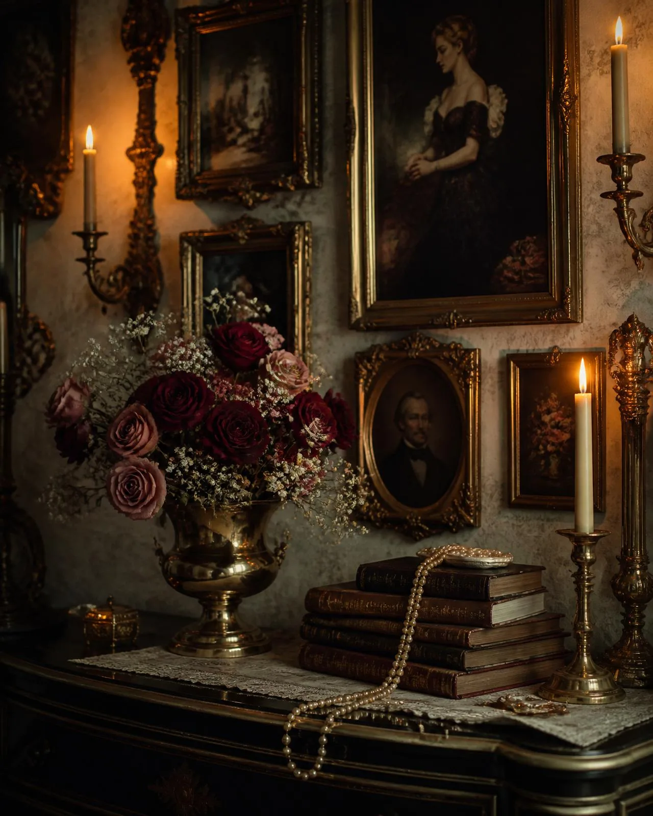 Gold-framed Victorian gallery wall with roses, antique books, and candlelight